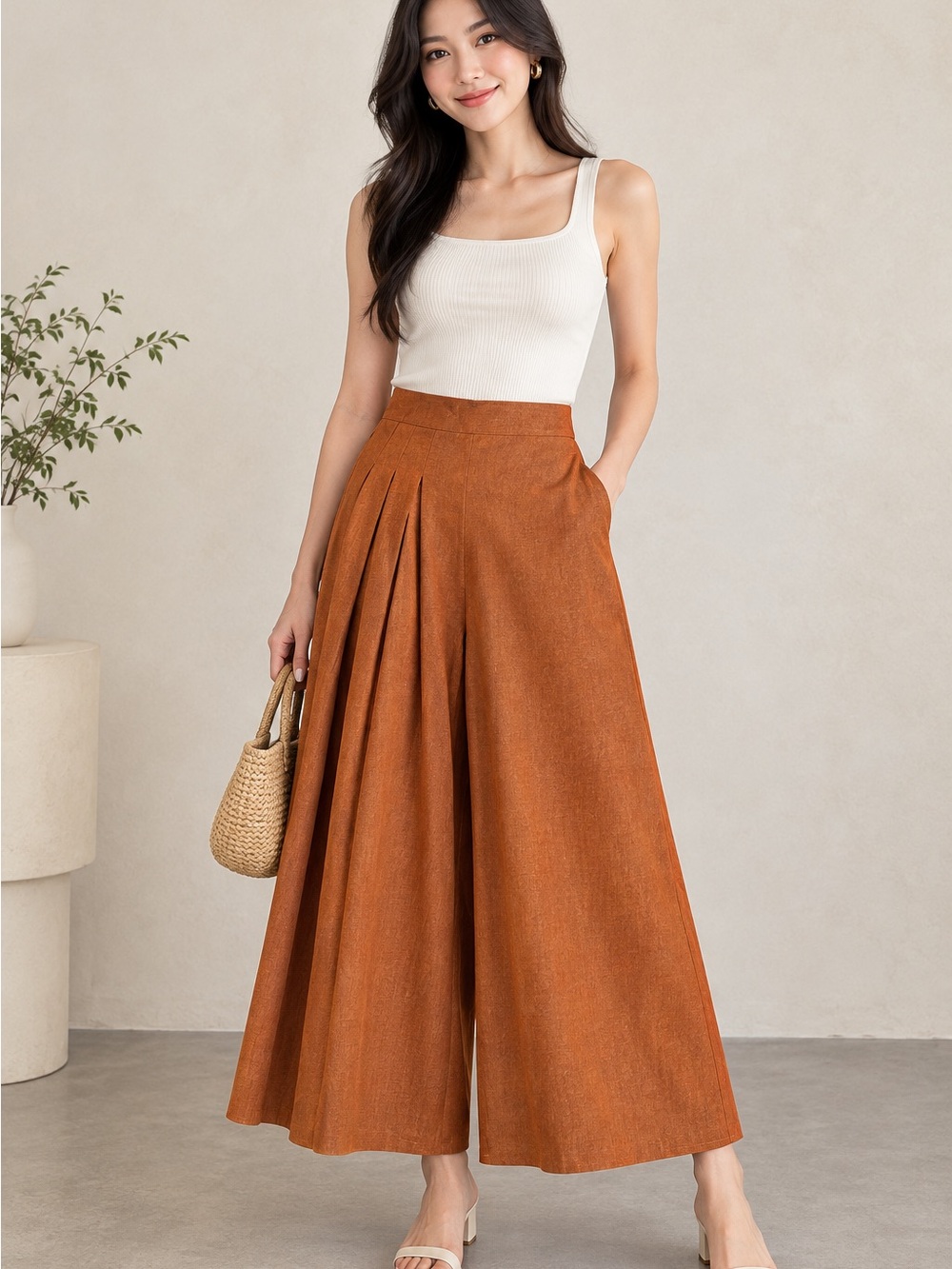 Women’s Orange/Copper High-Waist Asymmetrical Pleated Wide-Leg Palazzo Pants, 4